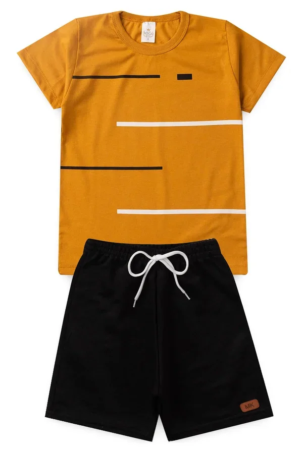 Conjunto Infantil Verão Masculino Linhas - Mostarda