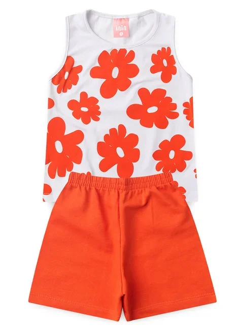 Conjunto Infantil Iaia Menina Verão Regata Flores Laranja