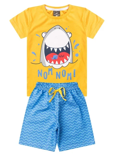 Conjunto Infantil Menino Algodão Premium Tubarão Kangulu Amarelo