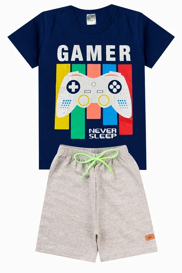 Conjunto Infantil Verão Masculino Gamer Never Sleep - Marinho