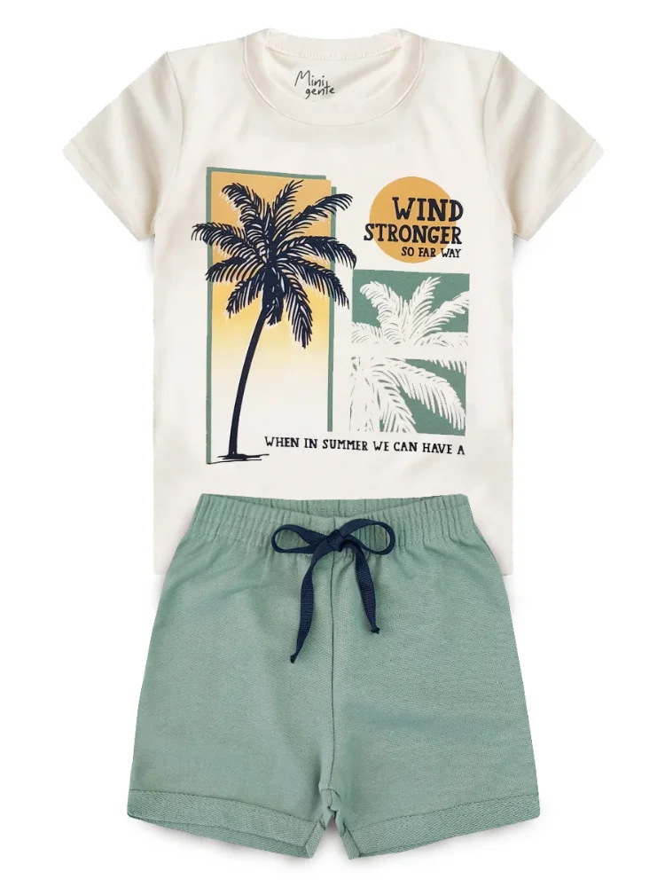 Conjunto Infantil Meia Malha/Moletinho Palmeira Mini Gente -Off White