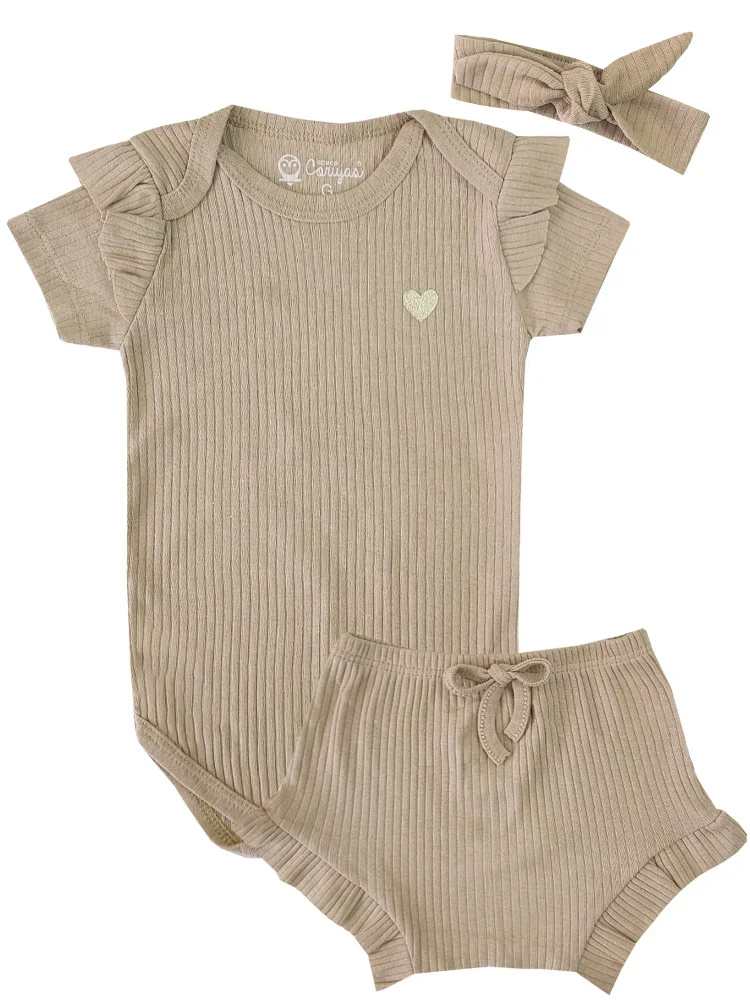 Conjunto Body Bebê Pagão Canelado Somos Corujas - Bege