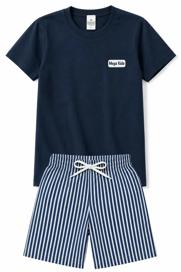 Conjunto Infantil Verão Masculino Plaquinha Branca Mega Kids - Marinho