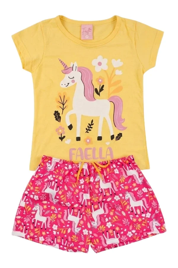 Conjunto Infantil Verão Feminino Unicórnio Faella - Amarelo