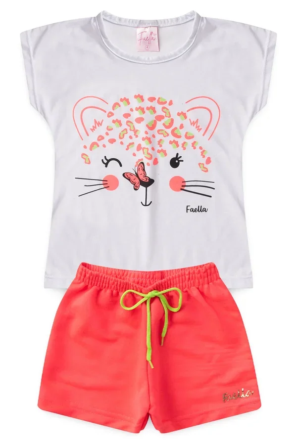 Conjunto Infantil Verão Feminino Onça - Branco