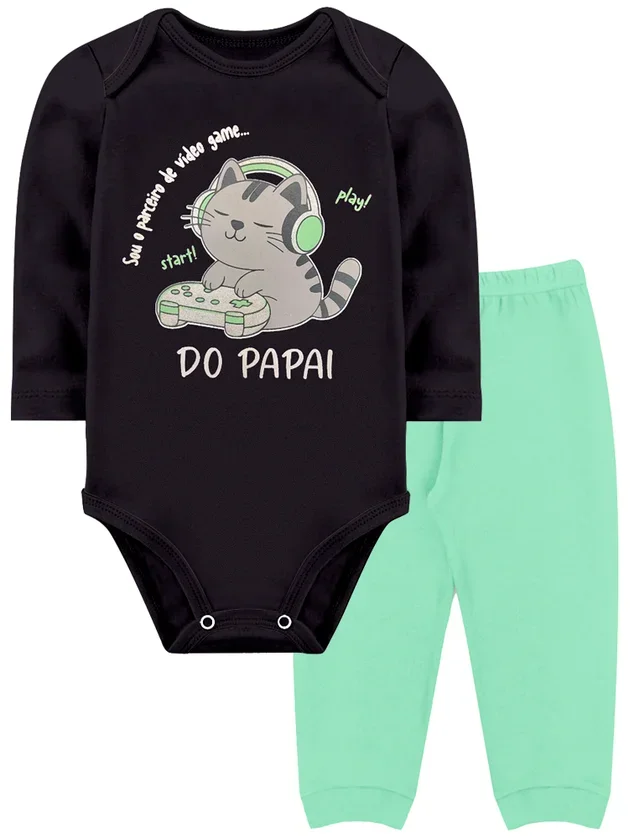 Conjunto Body Bebê Ribana Gatinho Rotta Júnior - Preto