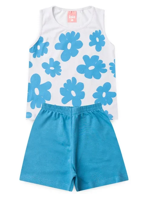 Conjunto Infantil Iaia Menina Verão Regata Flores Azul