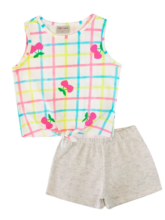 Conjunto Infantil Meia Malha Penteado Cereja - Off White