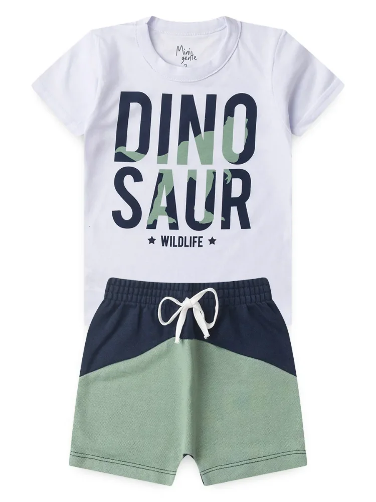 Conjunto Infantil Meia Malha/Moletinho Dino Mini Gente - Branco
