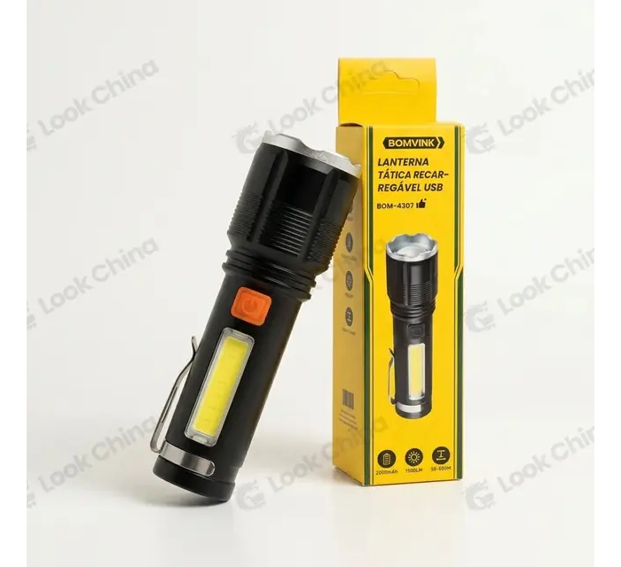 Lanterna Tática Recarregável USB com Luz Lateral
