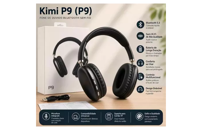 Headphone Bluetooth P9 Dobrável com Som Estéreo Hi-Fi