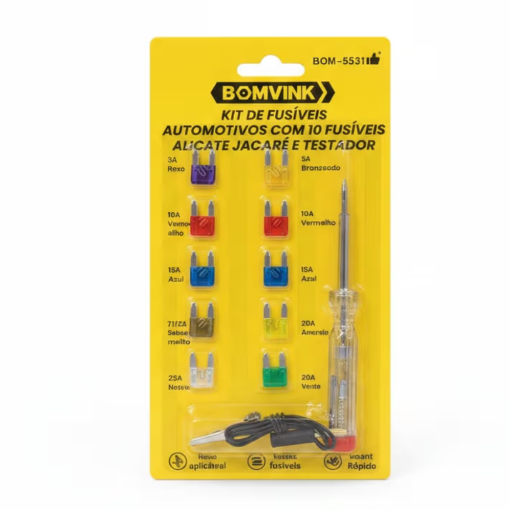 Kit de Fusíveis Automotivos com 10 Fusíveis Alicate Jacaré e Testador