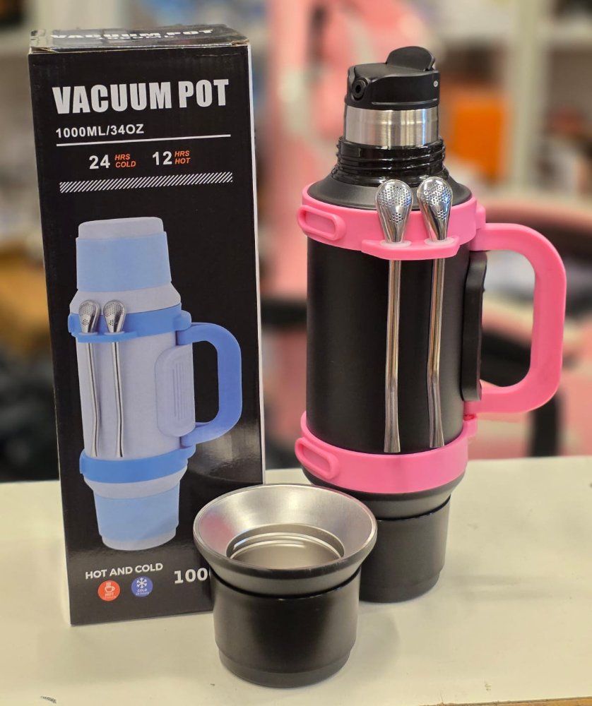 Termo Vacum Pot 1000ML con Asa y Bombillas