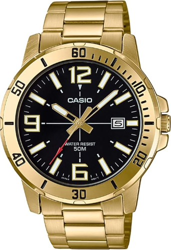 Casio MTP-VD01G-1BV Enticer Reloj deportivo analógico casual de acero inoxidable con esfera negra para hombre, Oro, Movimiento de cuarzo