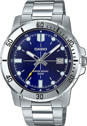 Casio MTP-VD01D-2EV Enticer Reloj deportivo analógico casual con esfera azul para hombre, plateado, Casual
