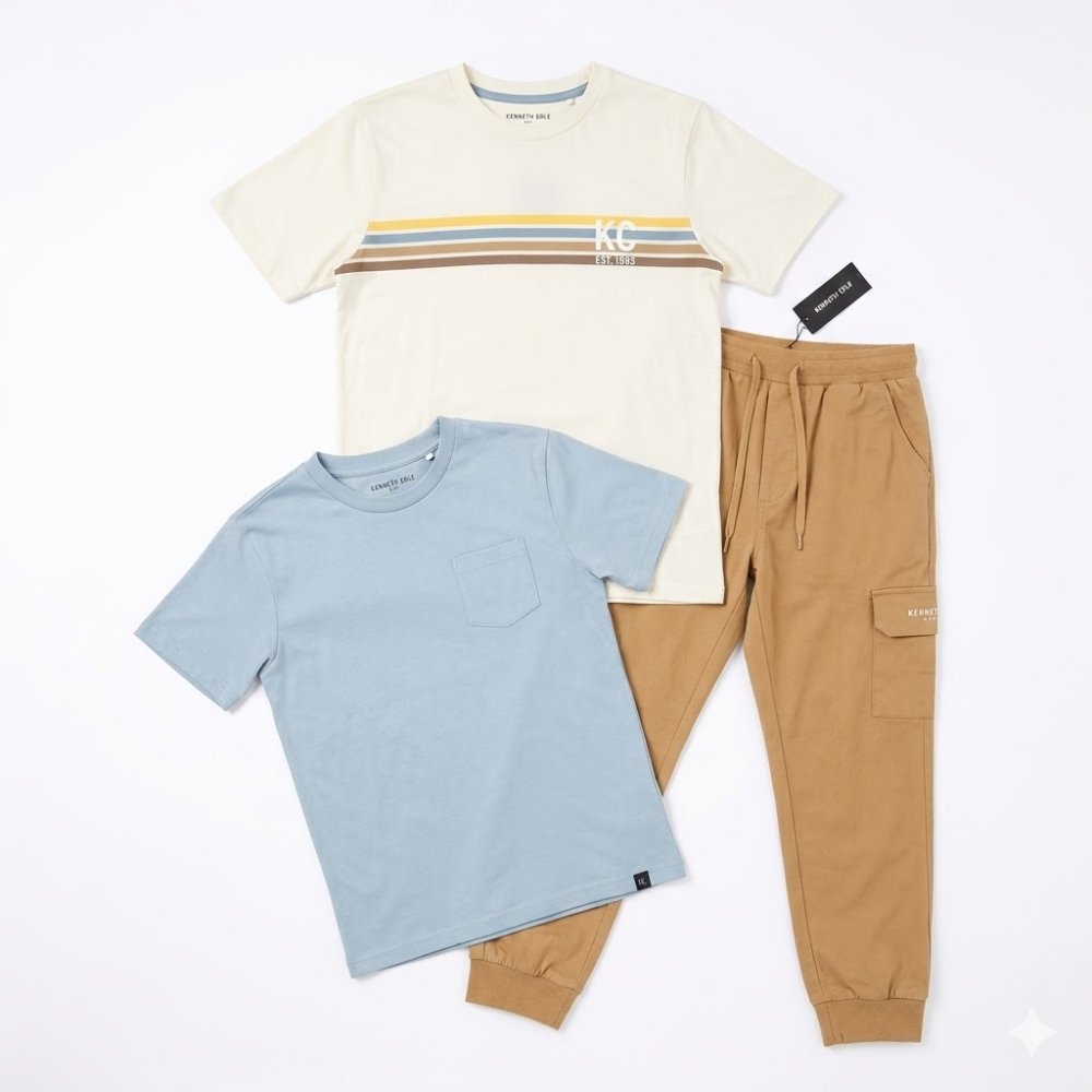 NIÑO: KENNETH COLE "URBAN EXPLORER", DOS CAMISETAS + JOGGER CARGO, TALLA 12