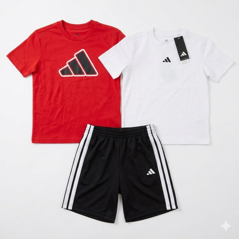 NIÑO: ADIDAS, SET 3 PIEZAS, 2 CAMISETAS (BLANCO/ROJO) Y 1 SHORT DEPORTIVO, TALLA 7