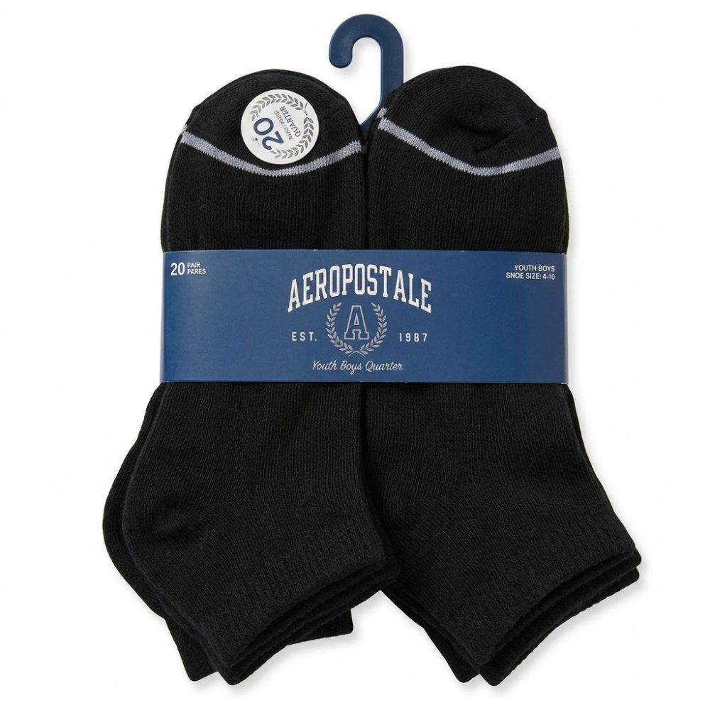 NIÑO: CALCETAS AEROPOSTALE, 20 PARES, COLOR NEGRO, TALLO 4/10