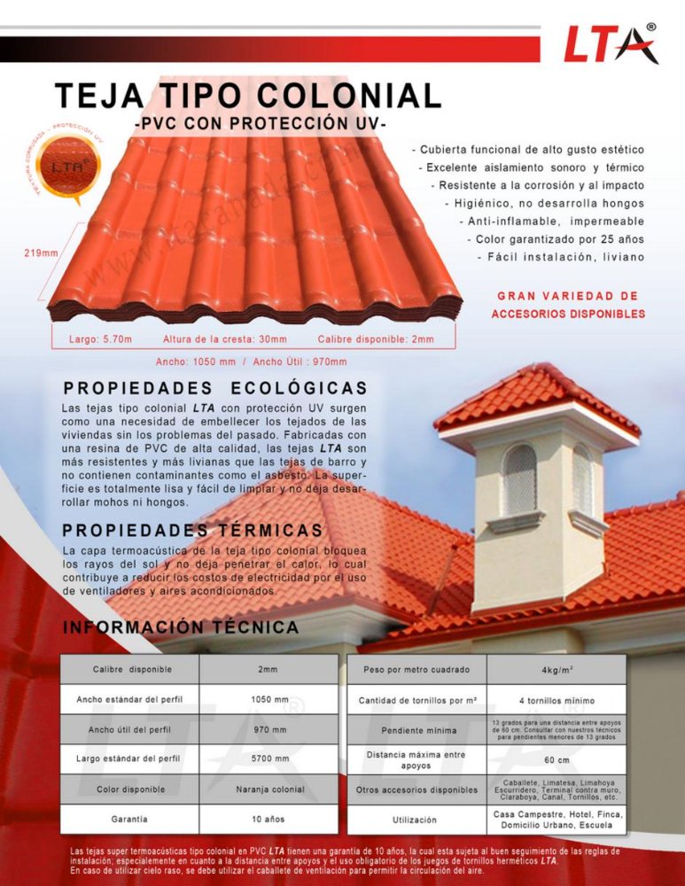 TEJA COLONIAL EN PVC NARAJA 5.7M X 1.05 MX2MM