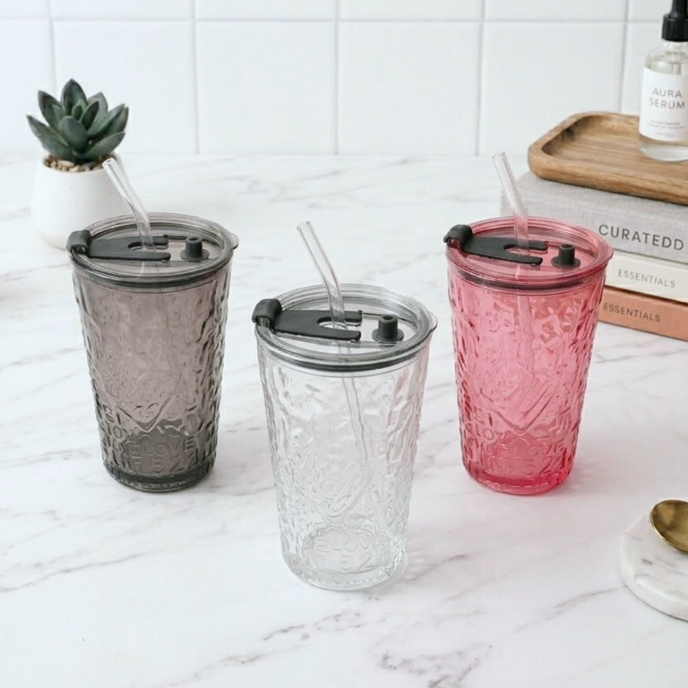Vaso Love You de Vidrio con Sorbete Hermético