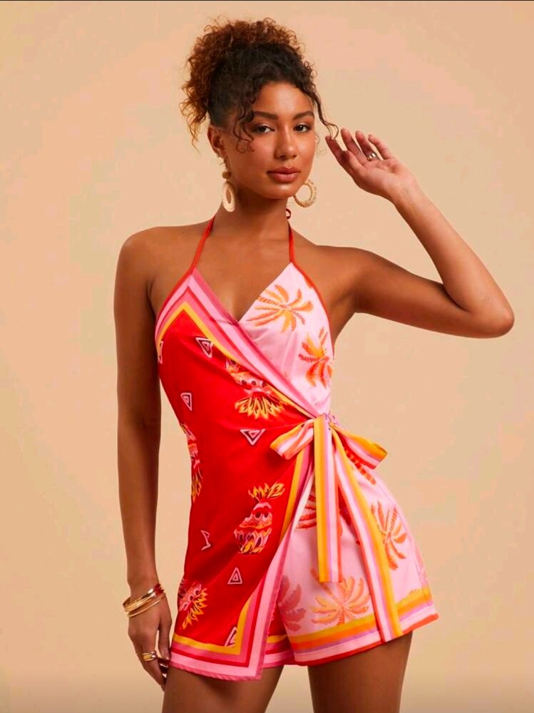 VESTIDO ROJO ESTMAPADO PINAS AMARILLAS ROSA