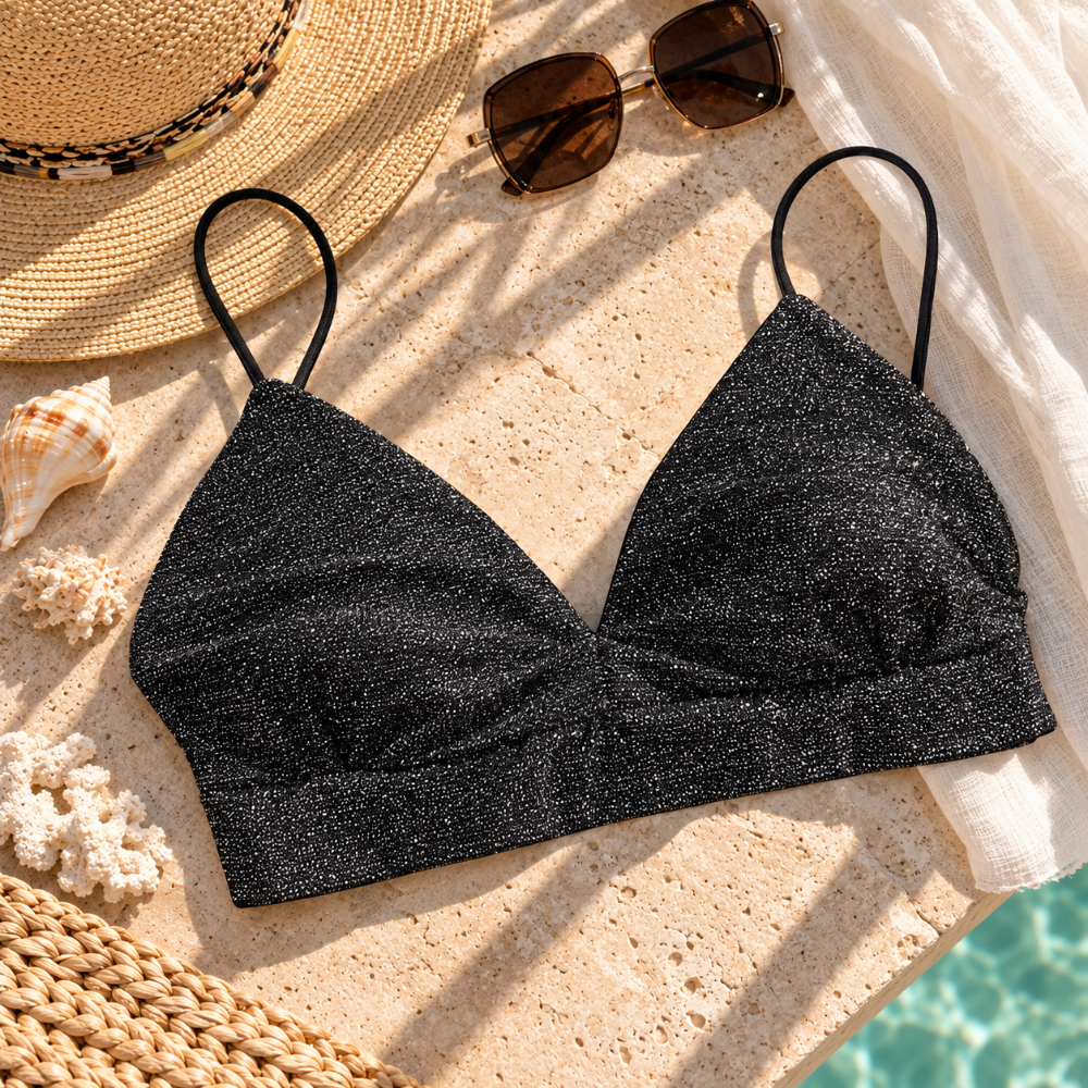 CROPTOP PLATEADO - TIRAS NEGRO BRILLOS