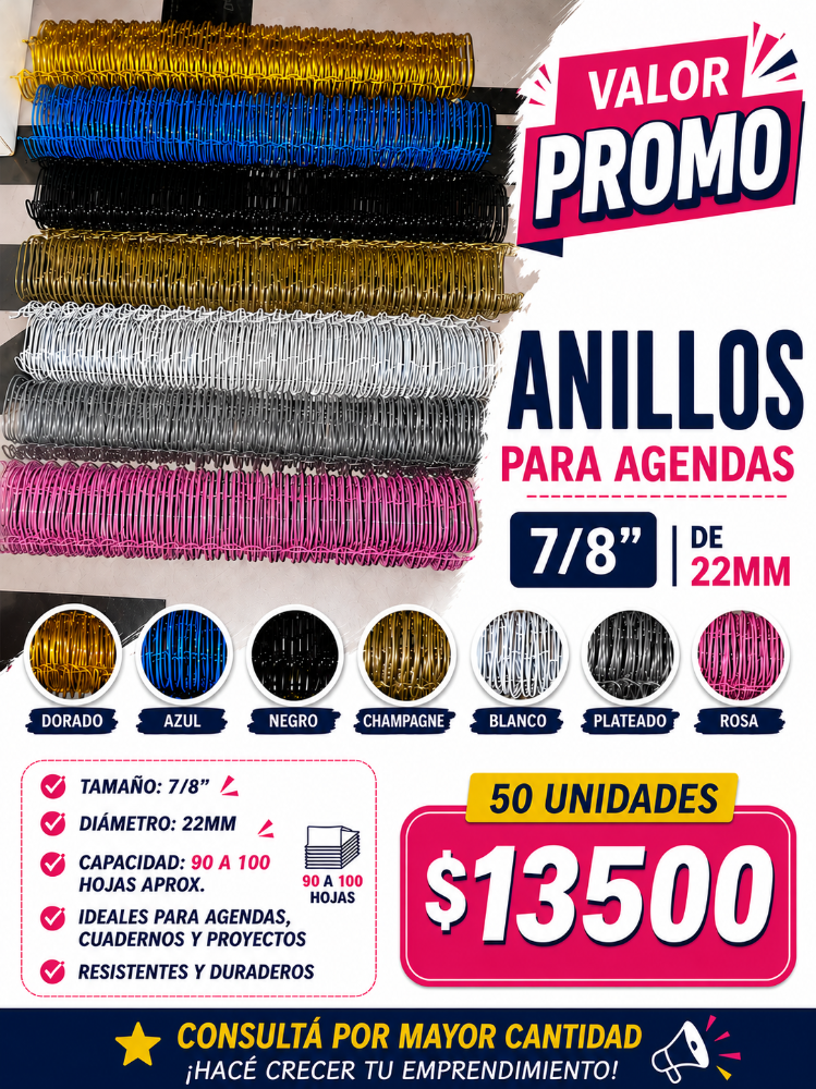 Anillos para  encuadernación 7/8 50uni surtido en colores