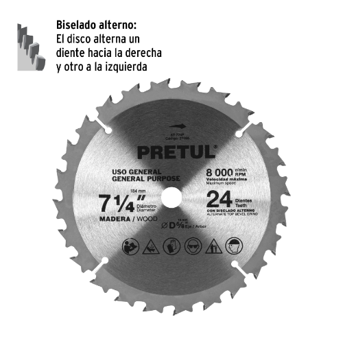 DISCO SIERRA 7-1/4' P/MADERA, 24 DIENTES CENTRO 5/8', PRETUL
