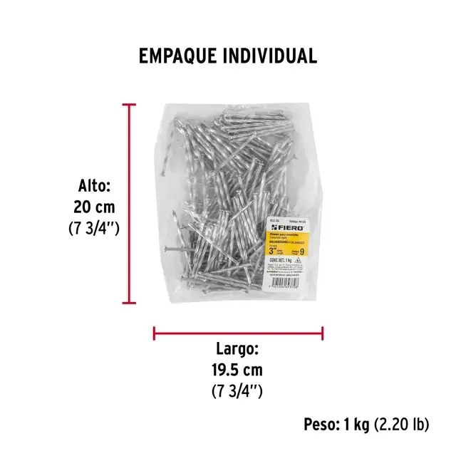 BOLSA CON 1 KG DE CLAVOS PARA CONCRETO GALVANIZADOS 3'