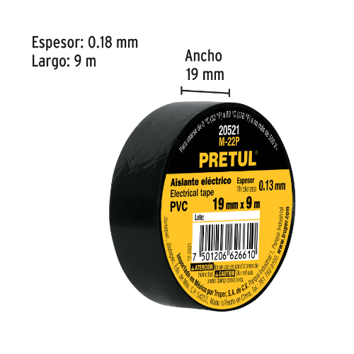 CINTA DE AISLAR DE 9 M X 19 MM, NEGRA, PRETUL