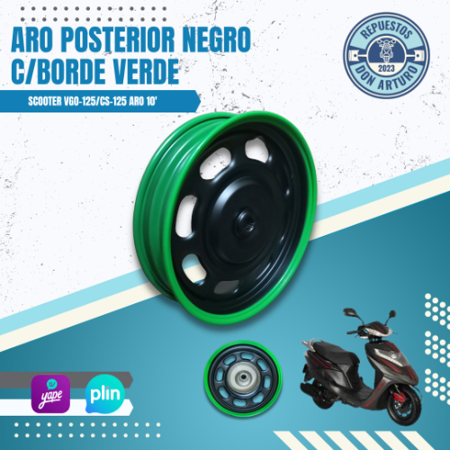 ARO POSTERIOR NEGRO BORDE VERDE 2.15*10 SCOOTER125