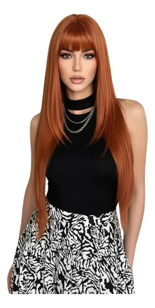 Peluca Naranja Larga Con Flequillo Aspecto Natural 82cm