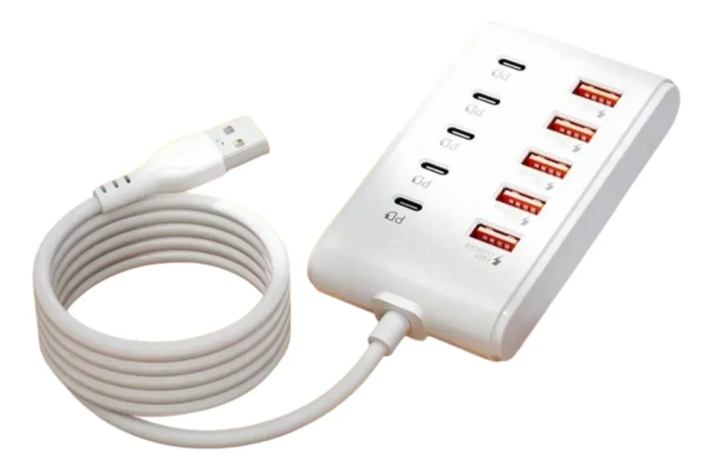 Hub De Carga Rápida 10 Puertos: Usb Y Tipo C Con Cable 1m