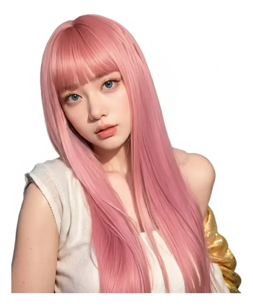 Peluca Larga Rosa Lacia 66cm Con Flequillo Aspecto Natural