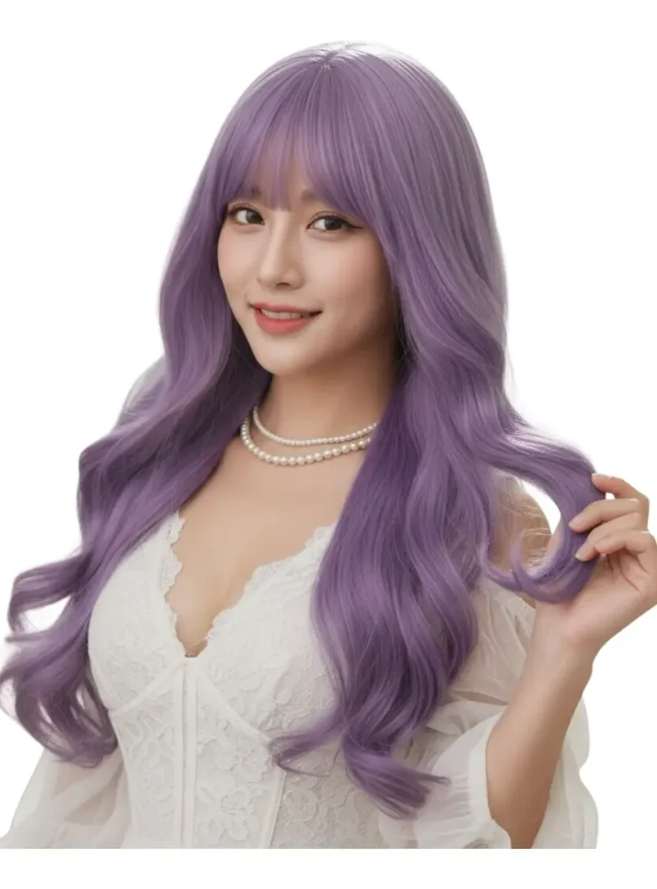 Peluca Purpura Lavanda Ondulada 78cm Flequillo Cosplay
