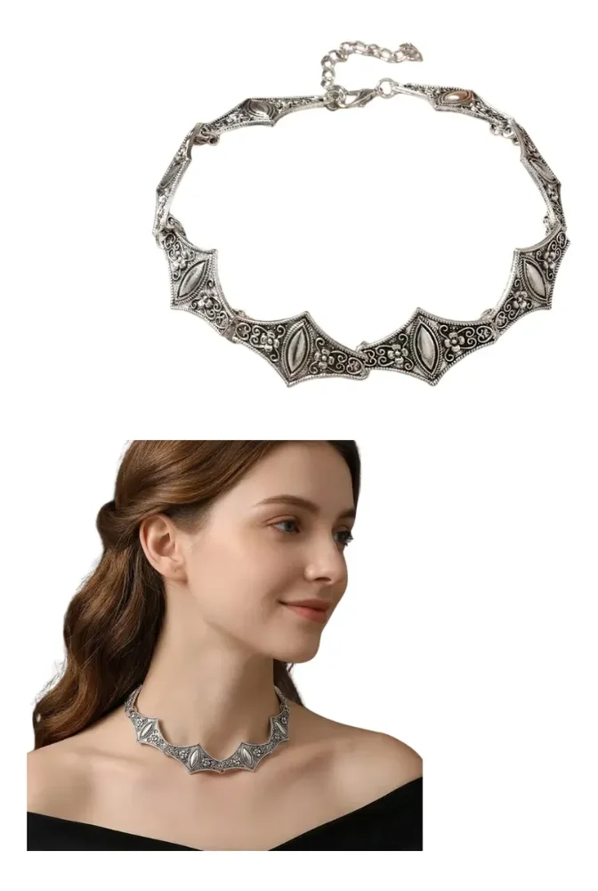 Collar De Plata Antigua Con Grabados Geométricos