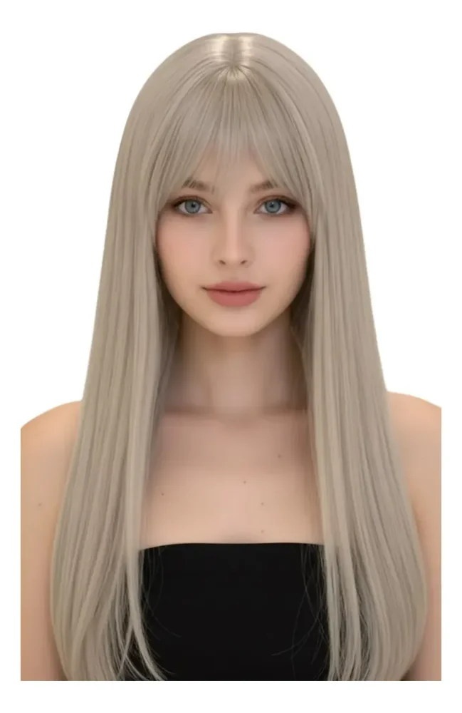 Peluca Lisa Blanca Dorada 56cm Flequillo Aspecto Natural