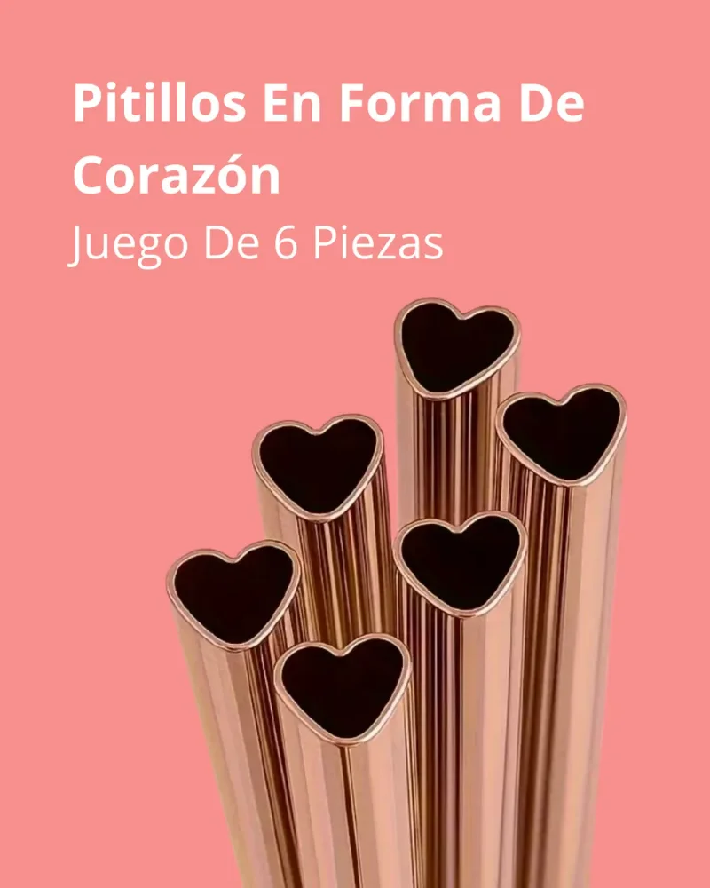 Pitillos De Corazón Oro Rosa Acero Inoxidable Cepillo 6pcs