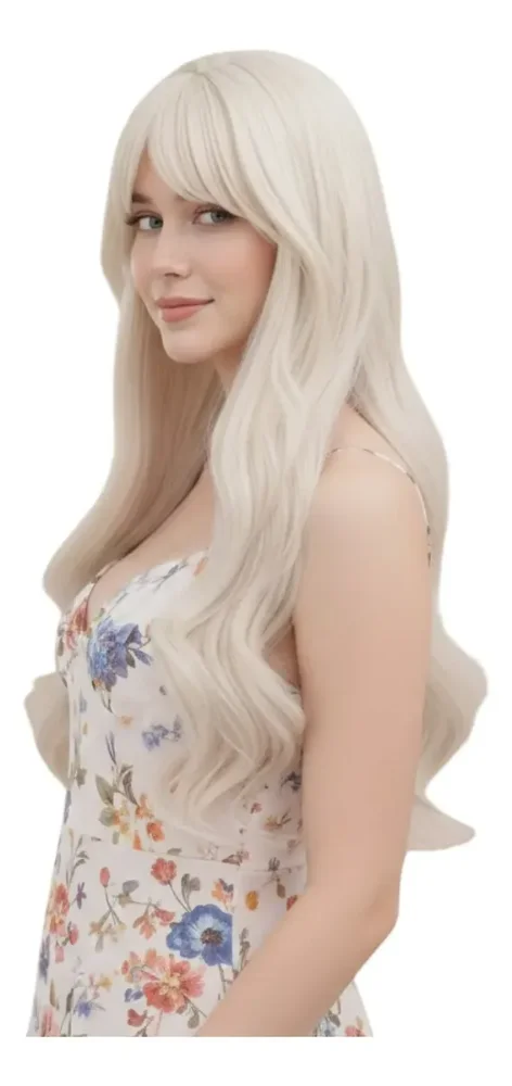 Peluca Ondulada Blanca Rubia 61cm Con Flequillo Cosplay