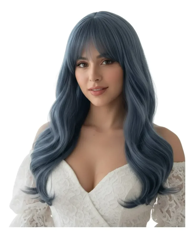 Peluca Larga Azul Degradado 61cm Rizada Con Flequillo Ombre