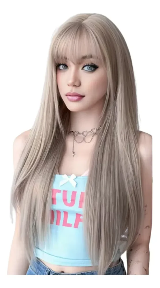 Peluca Larga Gris Ceniza 76cm Lacia Con Flequillo Elegante