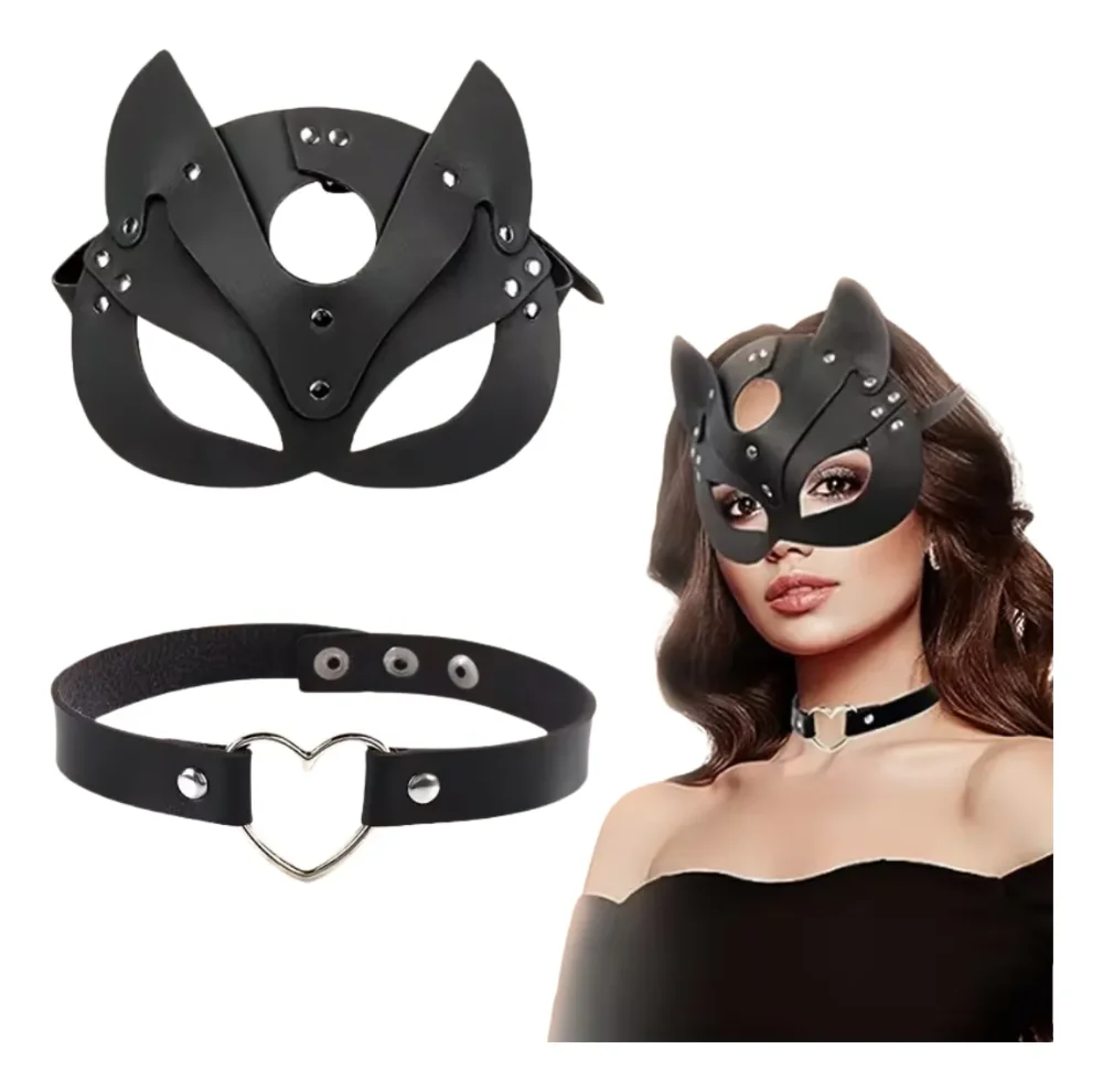 Máscara De Gato Con Collar Kit Disfraz Punk