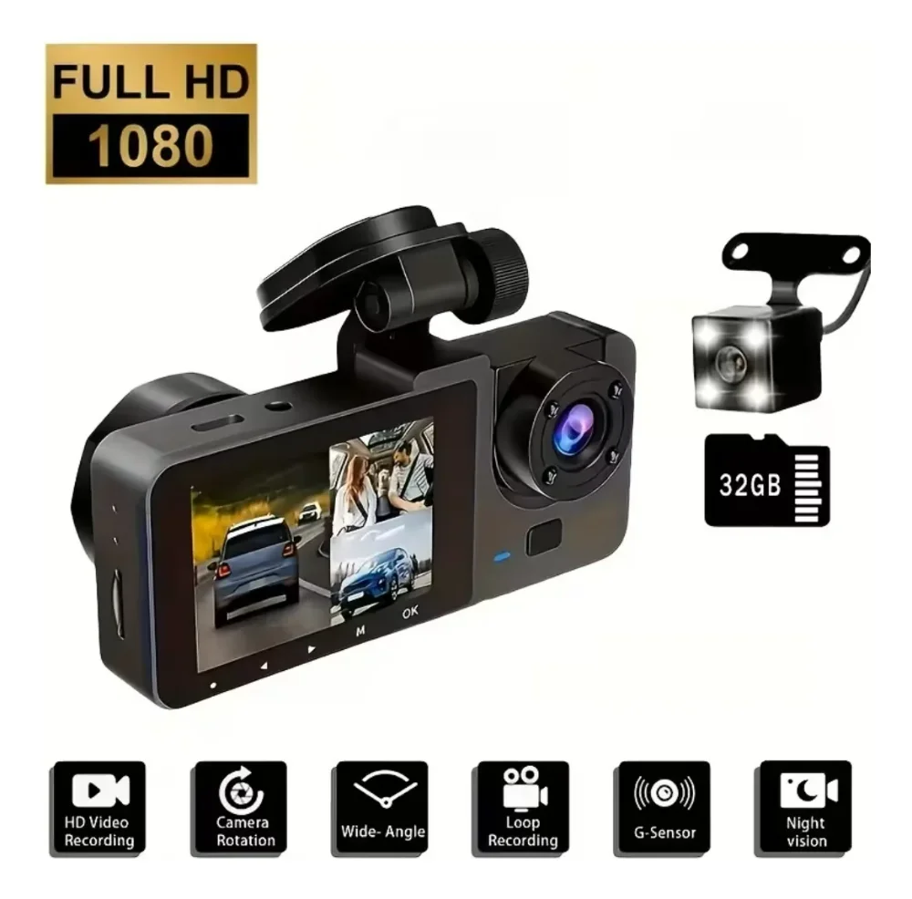 Dash Cam 3 Cámaras 1080p Full Hd, Visión Nocturna Y 32gb Sd