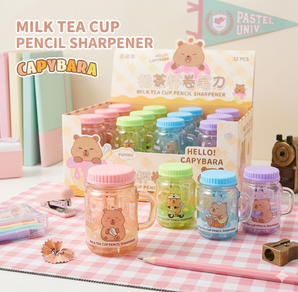 Sacapuntas de Capybara en vasito de Milk Tea