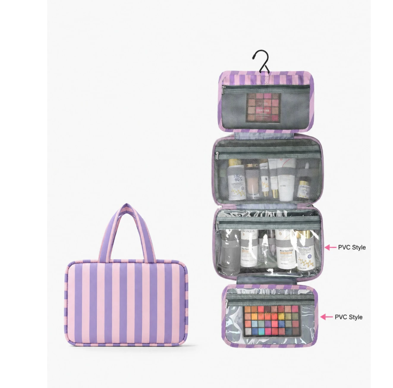 PORTA COMESTICO PLEGABLE DE REYAS  ROSADO CON MORADO