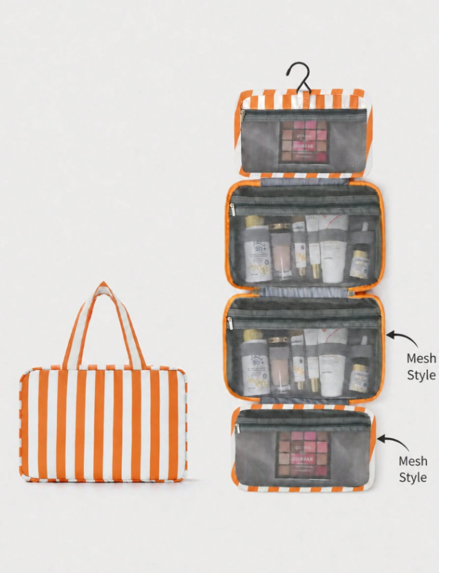 PORTA COMESTICO PLEGABLE DE REYAS  NARANJA CON BLANCO
