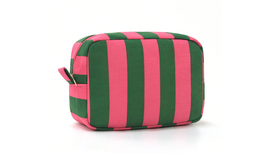 PORTA COMESTICO DE RAYAS ROSADO CON VERDE