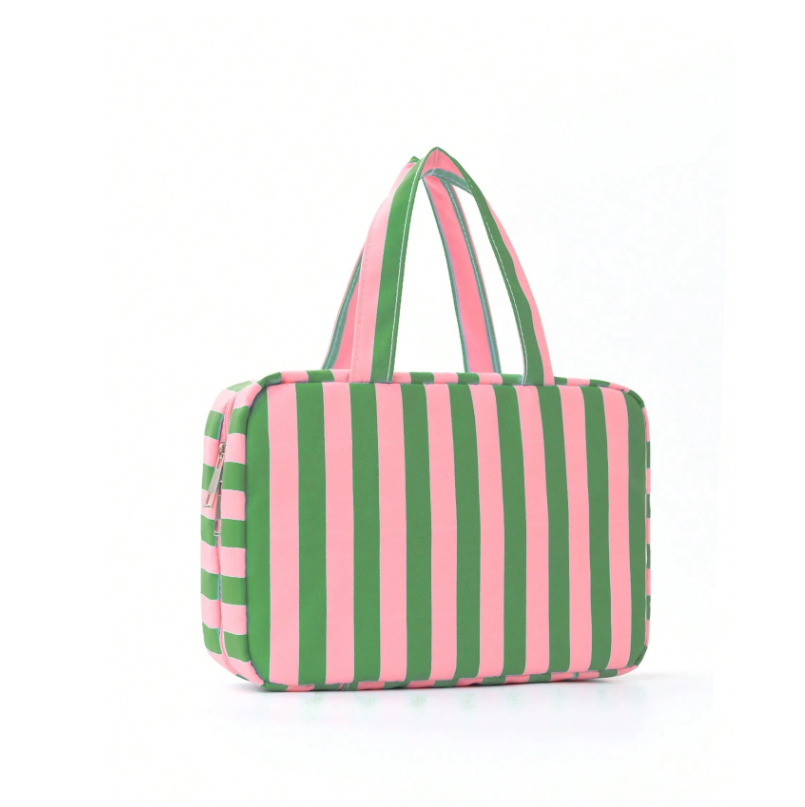 PORTA COMESTICO PLEGABLE DE REYAS R OSADO CON VERDE
