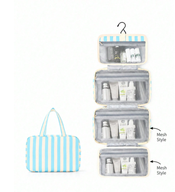 PORTA COMESTICO PLEGABLE DE REYAS  AZUL CON BLANCO