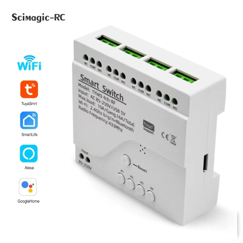 Módulo Interruptor WiFi TUYA | 4 Canales | RF 433 |85-250V